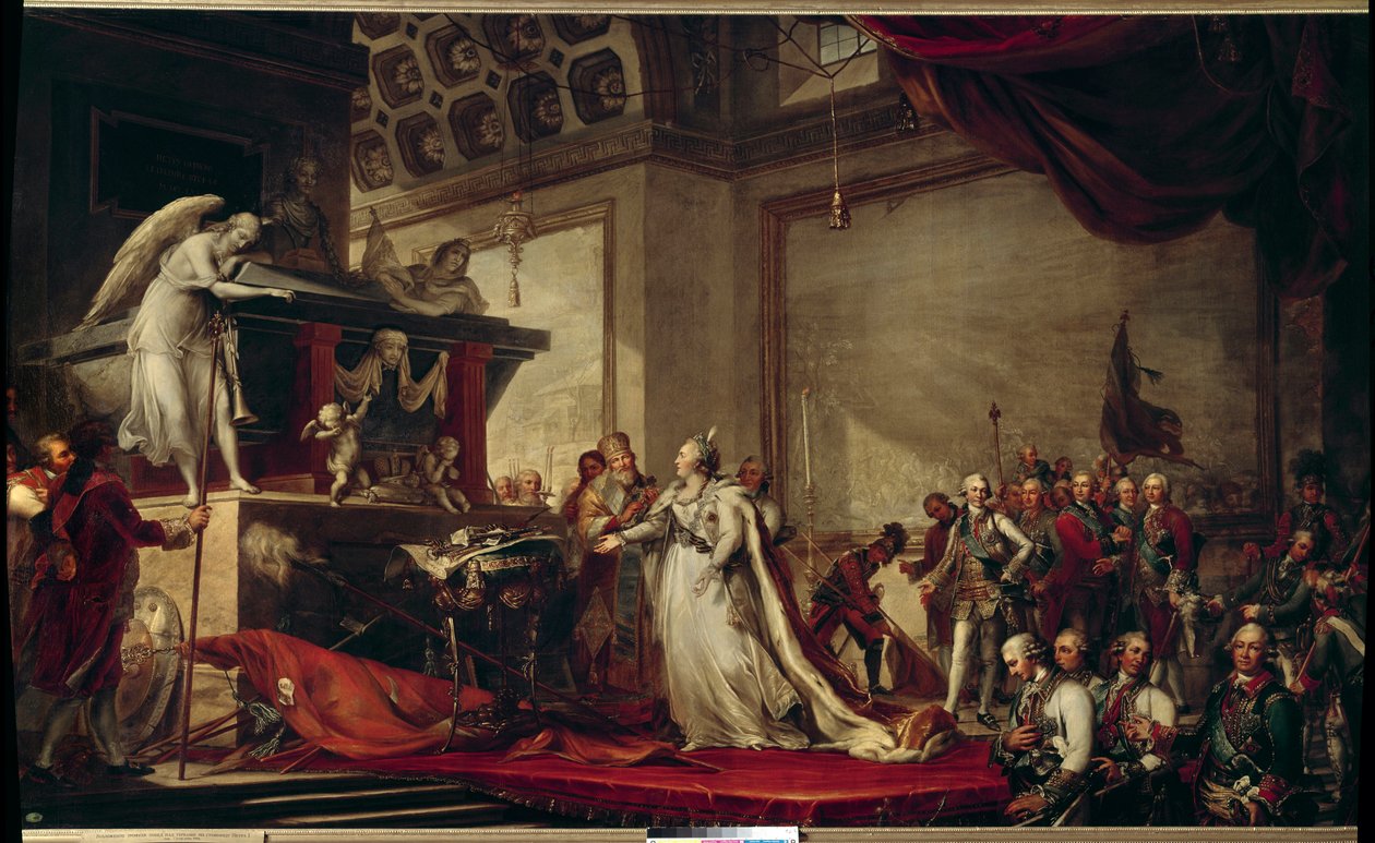 II. Orosz Katalin (1729-1796) impresszum a törököktől elvett trófeákat Nagy Péter sírja elé helyezi Andreas Caspar Hune (Huene) (1758-1813) 1791-es festménye - Puskin (város) - (Catherine Palace) ?) alkotó: Andreas Caspar Hune