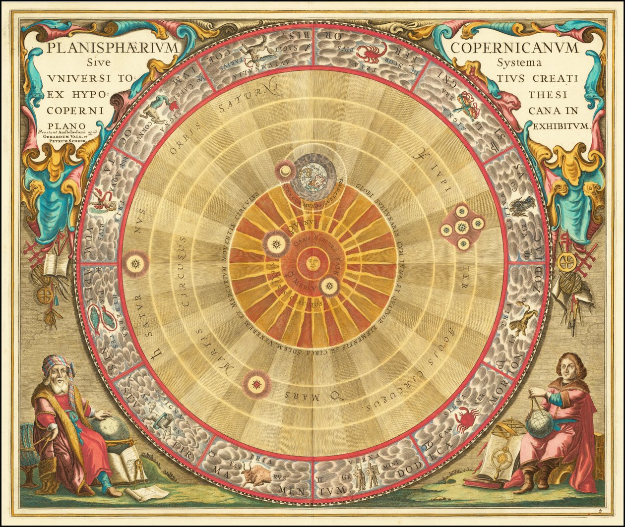 1660 Kopernikuszi csillagászati térkép a koncentrikus körök formájában alkotó: Andreas Cellarius