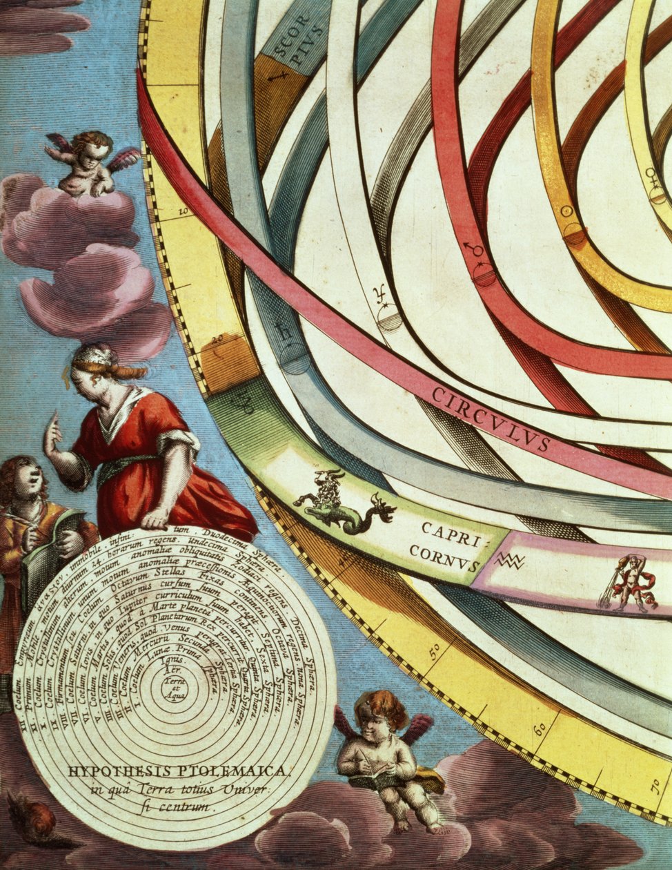 Geocentrikus térkép sarokrészlete, amely a Ptolemaioszi rendszereket mutatja az „Égi atlasz, avagy a világegyetem harmóniája” (Atlas coelestis seu harmonia macrocosmica) Amszterdamból, 1660 körül (lásd 90197) alkotó: Andreas Cellarius