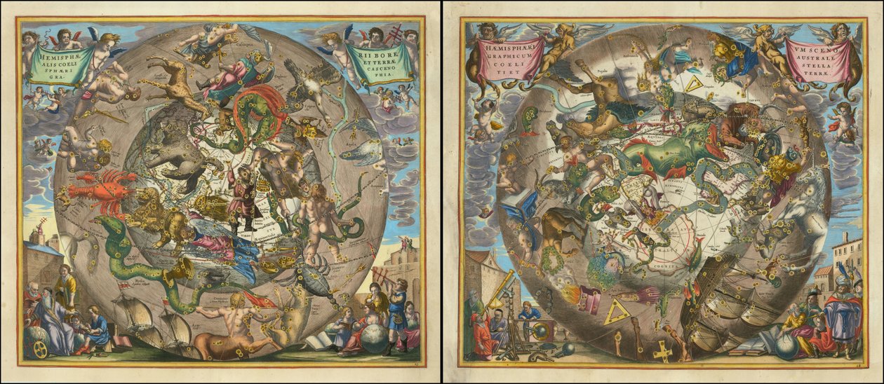 Hemisphaerii Borealis Coeli et Terrae Sphaerica Scenographia - Haemisphaerium Scenographicum Australe Coeli Stellati et Terrae alkotó: Andreas Cellarius