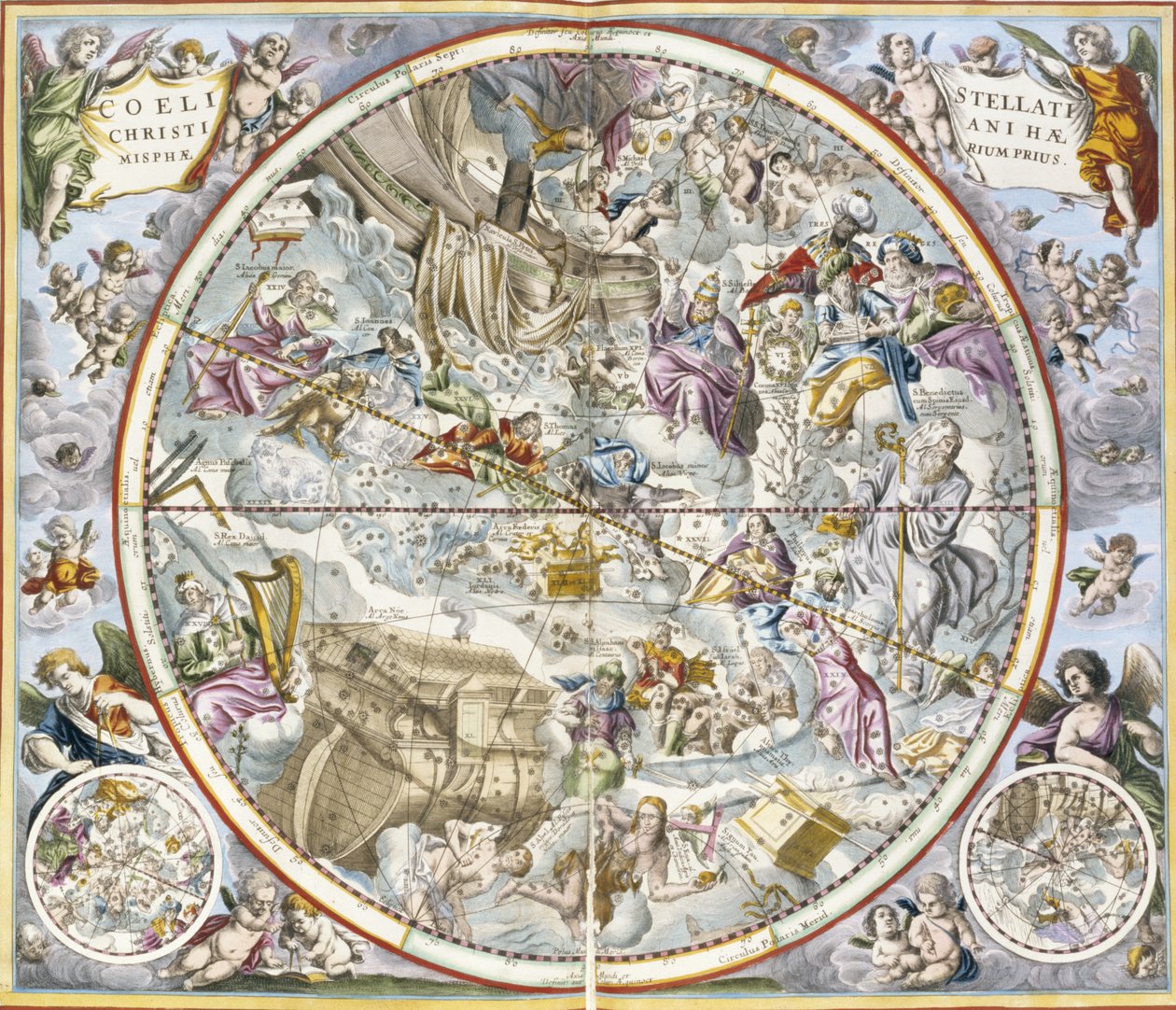 Julius Schiller által ábrázolt keresztény csillagképek térképe Az égi atlaszból vagy a Világegyetem harmóniájából atlas coelestis seu harmonia macrocosmica pub. Joannes Janssonius, Amste alkotó: Andreas Cellarius