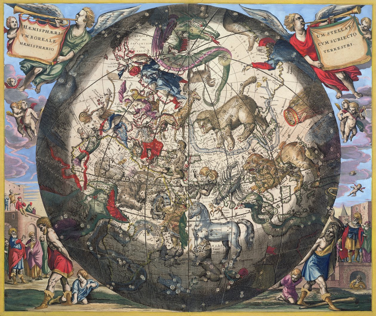Északi (boreális) félgömb, az "Égi atlasz, vagy a világegyetem harmóniája" című műből, Pieter Schenk (1660-1719) és Gerard Valk (1651-1726) metszete (kézzel színezett metszet). alkotó: Andreas Cellarius