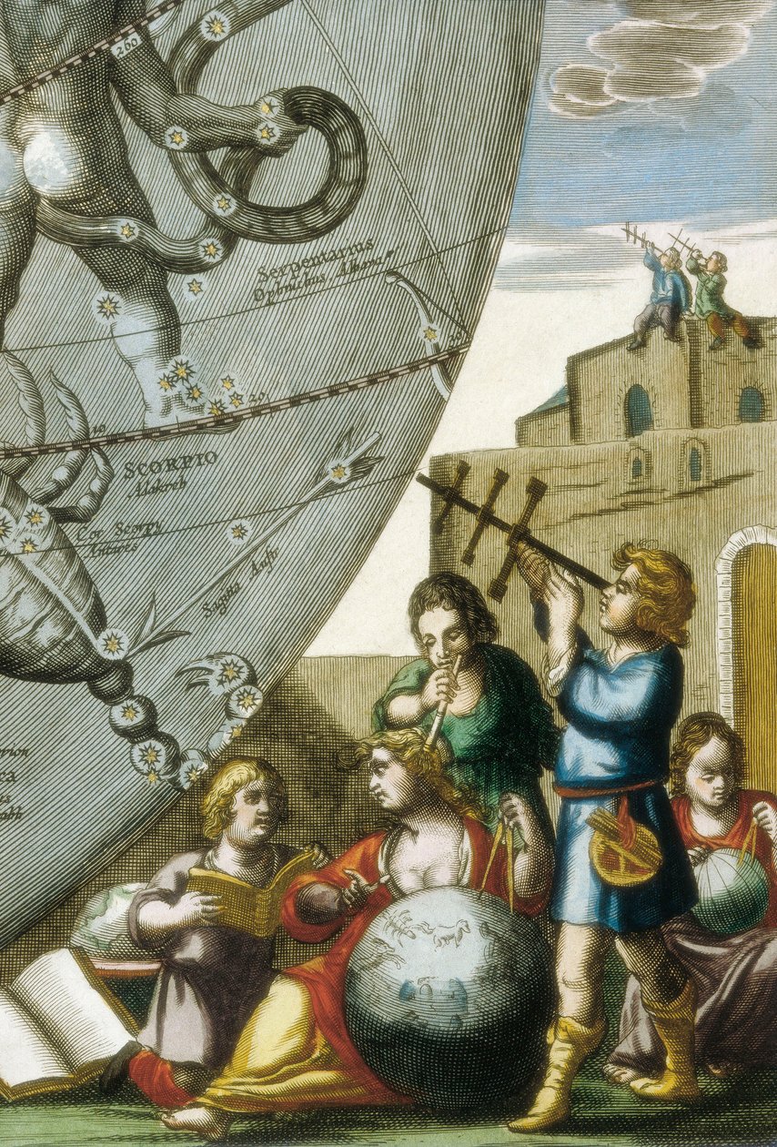 A földgömböket és az égboltot tanulmányozó tudósok (asztrológusok és csillagászok), részlet Andreas Cellarius (1596-1665) Atlas Coelestis seu Harmonia Macrocosmicából alkotó: Andreas Cellarius