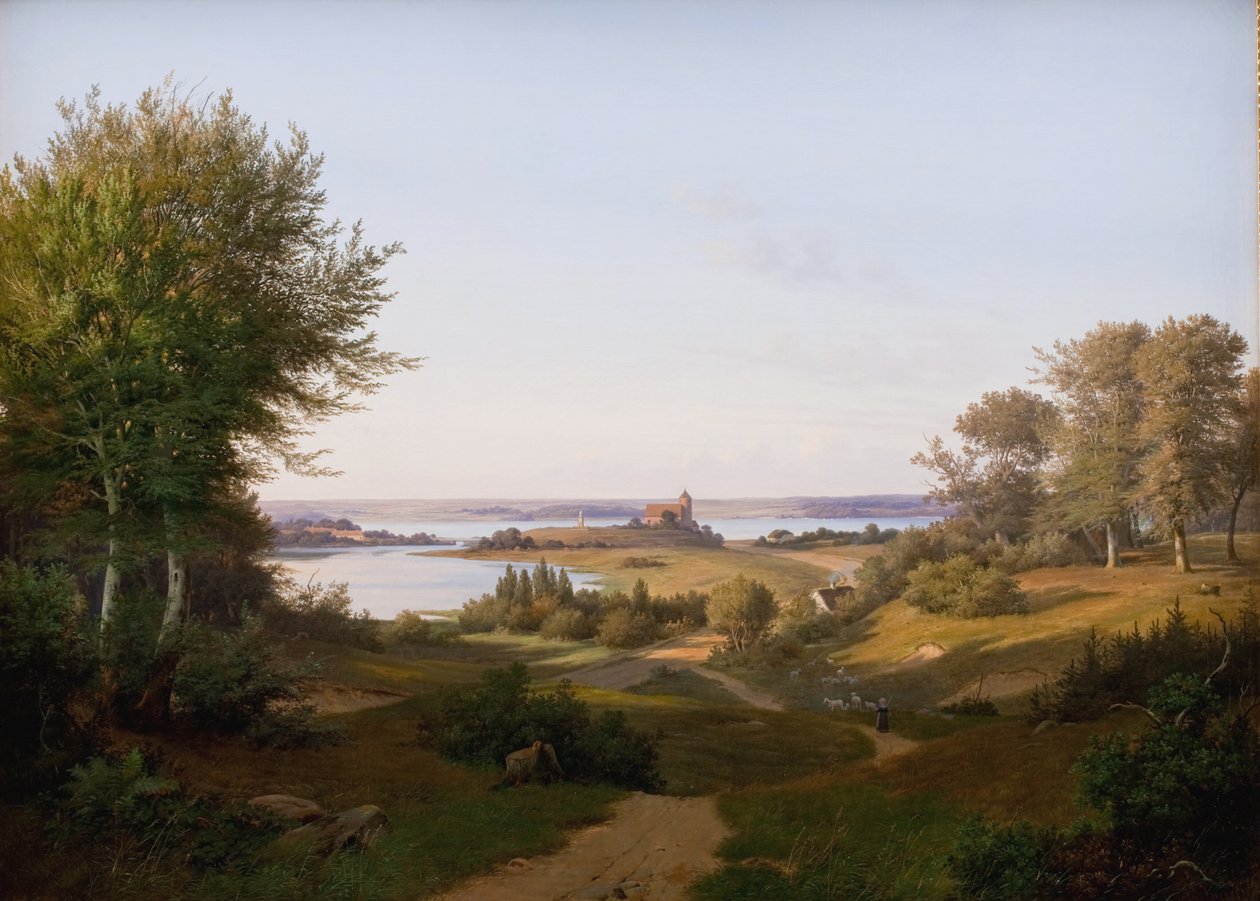 Kilátás a jütlandi Skanderborg-kastély dombjára és a VI. Frederik emlékműre alkotó: Andreas Juuel
