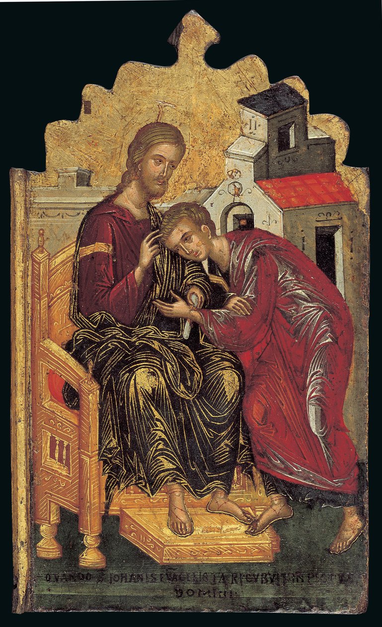 Szent János teológus elfogadja Krisztus áldását (bal oldali triptichon panel) (tojástempera a panelen) alkotó: Andreas Rico