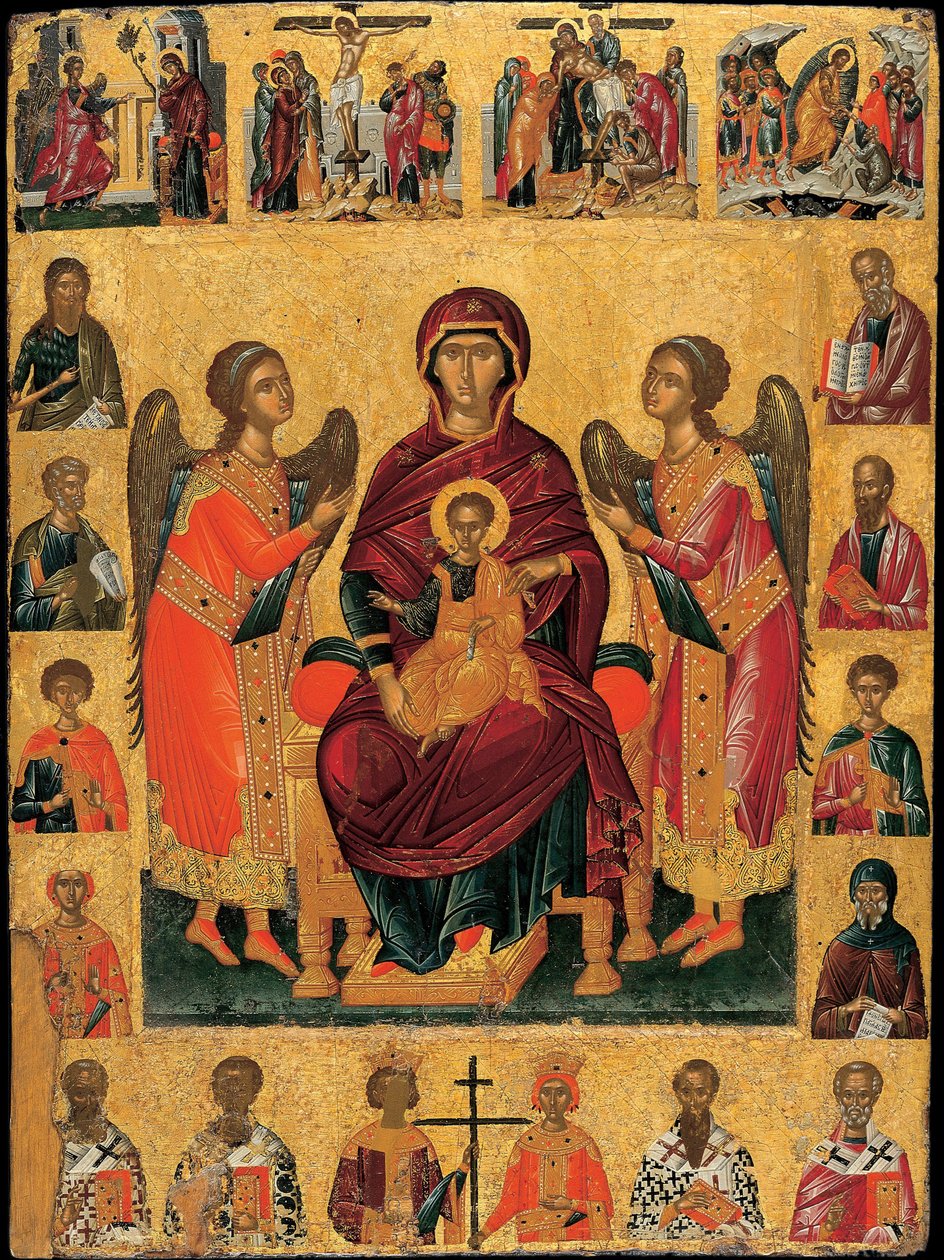 A Szűz és a Gyermek a trónon (két angyallal, a jelenetet az evangélisták és a szentek alakjai keretezik, felül a Passió jelenetei, lent pedig az Egyház pátriárkái) (A Szűz és a Gyermek trónol) - Ikon Andreasé alkotó: Andreas Ritzos