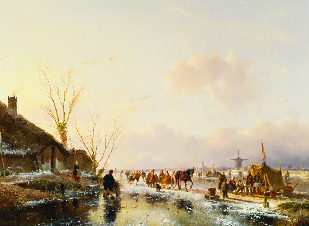 Korcsolyázók egy fülkénél a befagyott folyón, 1850 alkotó: Andreas Schelfhout