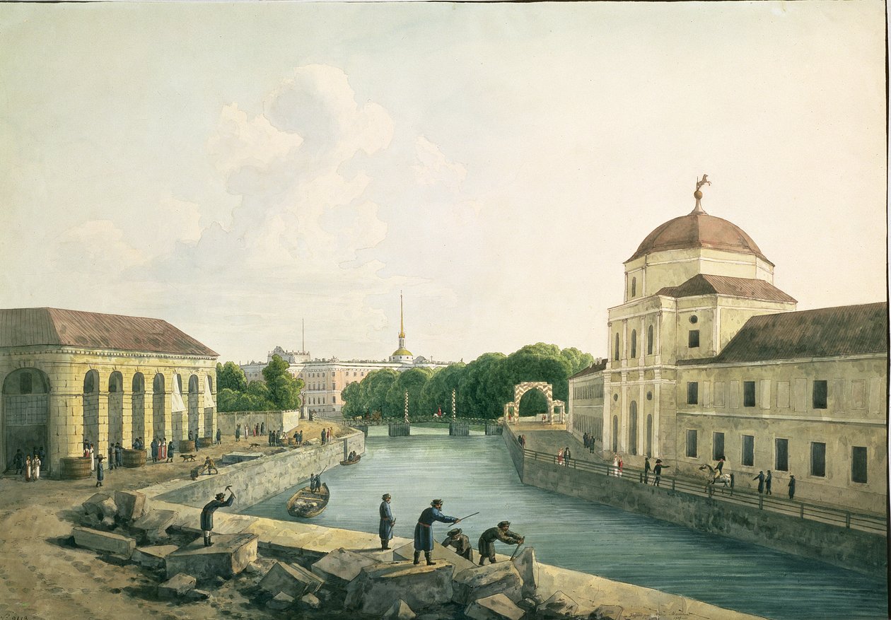Kilátás a Moika folyóra a császári istállónál, 1809 (wc és tinta) alkotó: Andrei Yefimovich Martynov