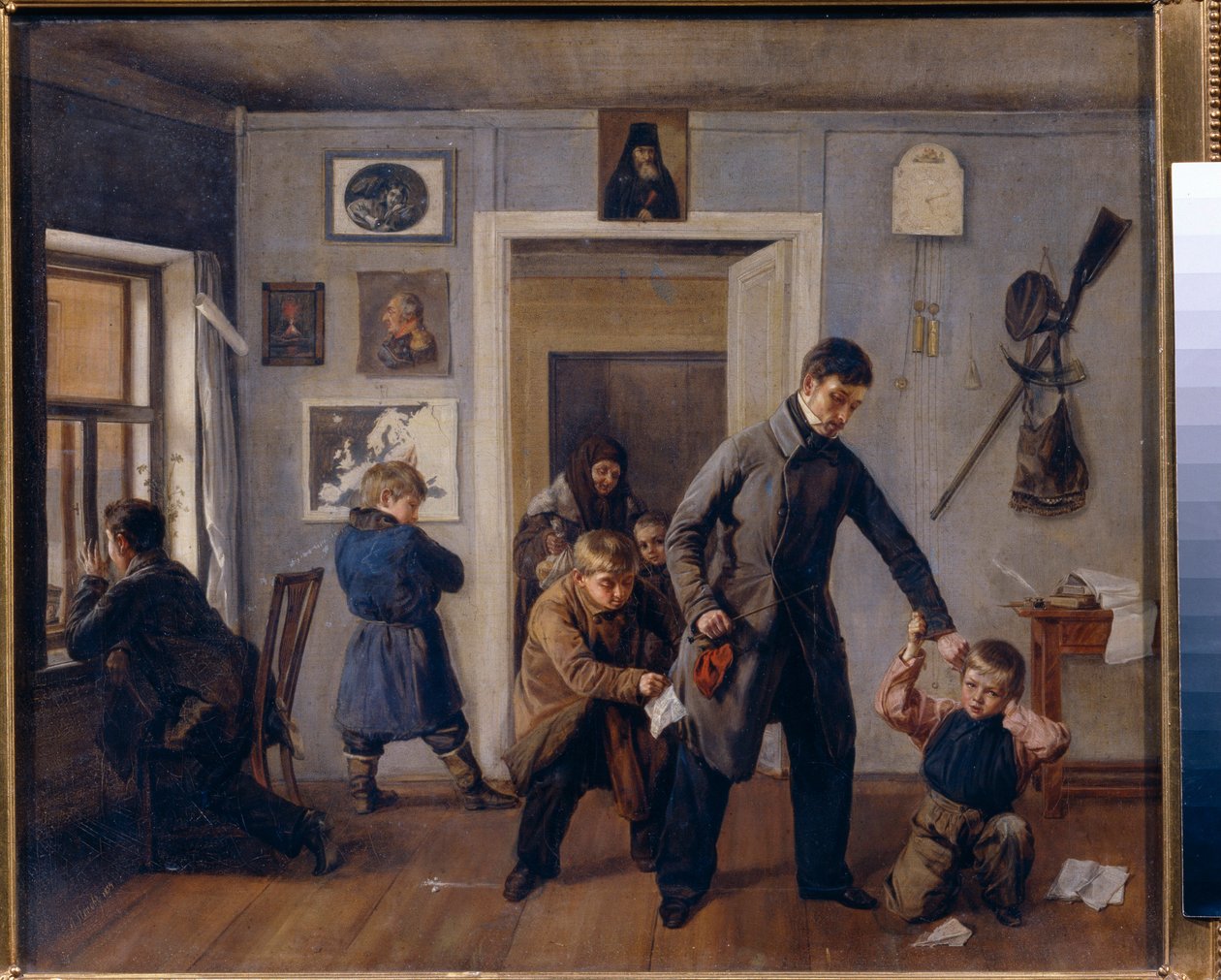 Iskolában. Egy vidéki iskolai tanár megragad egy fiú fülét az osztályteremben, ahol a többi fiú vicces arcokat vág és grimaszol. Andrej Andrejevics Popov (1832-1896) festménye, olaj, vászon alkotó: Andrei Andreevich Popov