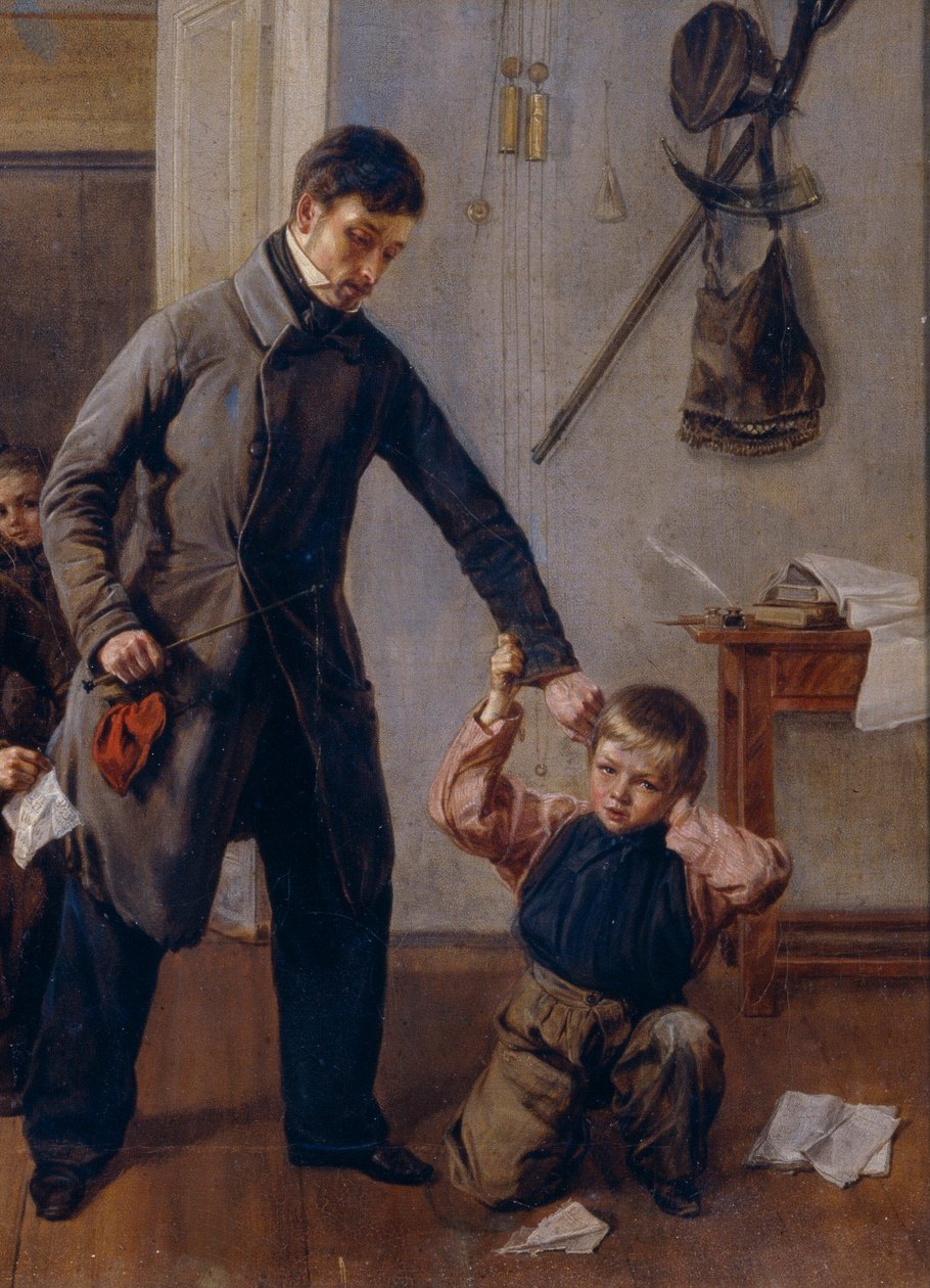 Iskolában. Egy vidéki iskolai tanár megragad egy fiú fülét az osztályteremben, ahol a többi fiú vicces arcokat vág és grimaszol. Andrej Andrejevics Popov (1832-1896) festménye, részlet, olaj, vászon alkotó: Andrei Andreevich Popov
