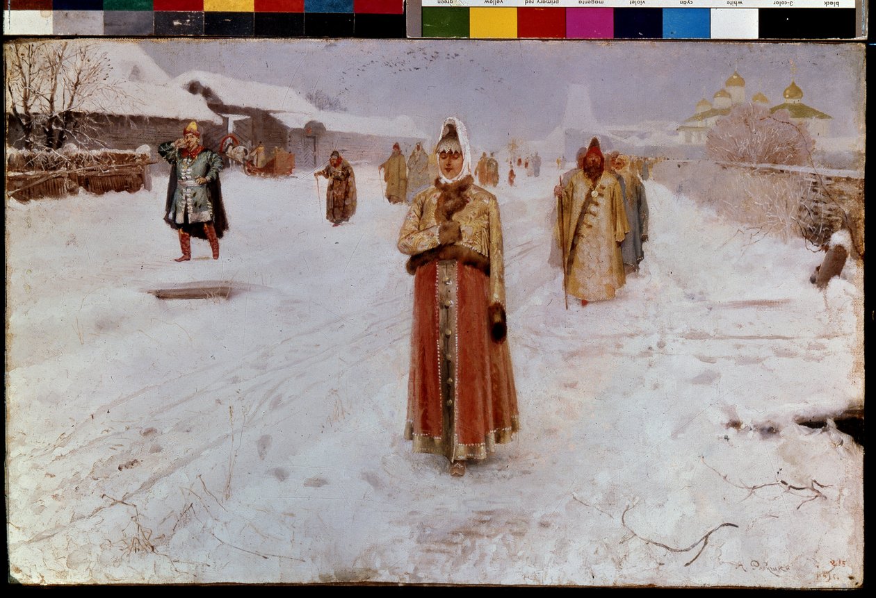 vasárnap (vasárnap). Télen, a Moszkvai Nagyhercegség havas úton, a régi Oroszország zavaros idejében (16-17. század) a bojárok (boiárok, boirok), férfiak és nők népviseletben térnek vissza a templomból. Andre festménye alkotó: Andrei Petrovich Ryabushkin