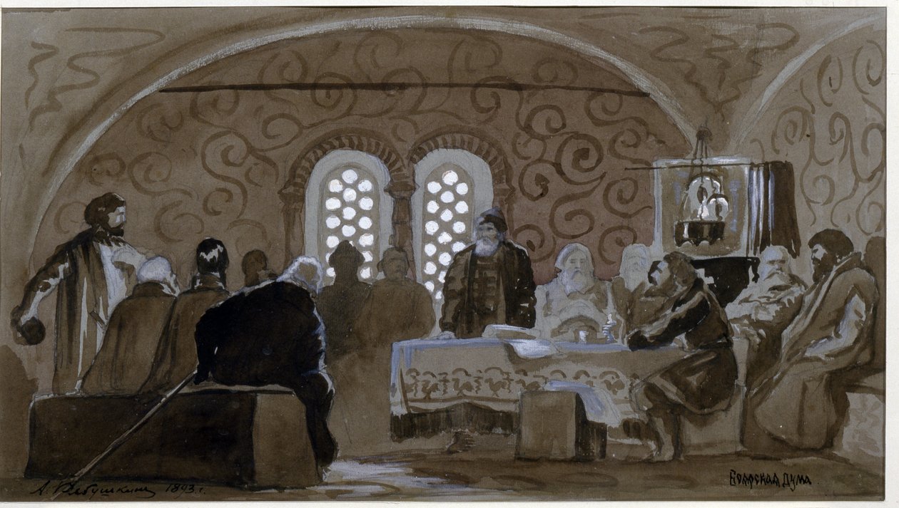 A duma a bojárok idején (boiárok, boirok) (The Boyar Duma). A Kijevi Rusz hercegek tanácsadó testülete I. Mihály orosz cár idejében (1596-1645). Andrej Petrovics Rjabuskin (Riaboutchkine) (1861-1904) munkája, aquare alkotó: Andrei Petrovich Ryabushkin