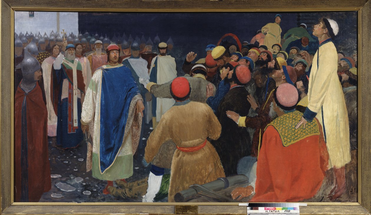 Gleb Szvjatoszlavics herceg (meghalt 1079-ben) megöl egy volkhvét (szláv varázslót) egy novgorodi vechében. Andrej Petrovics Rjabuskin (Rjabutcskin) (1861-1904) festménye, olaj, vászon alkotó: Andrei Petrovich Ryabushkin