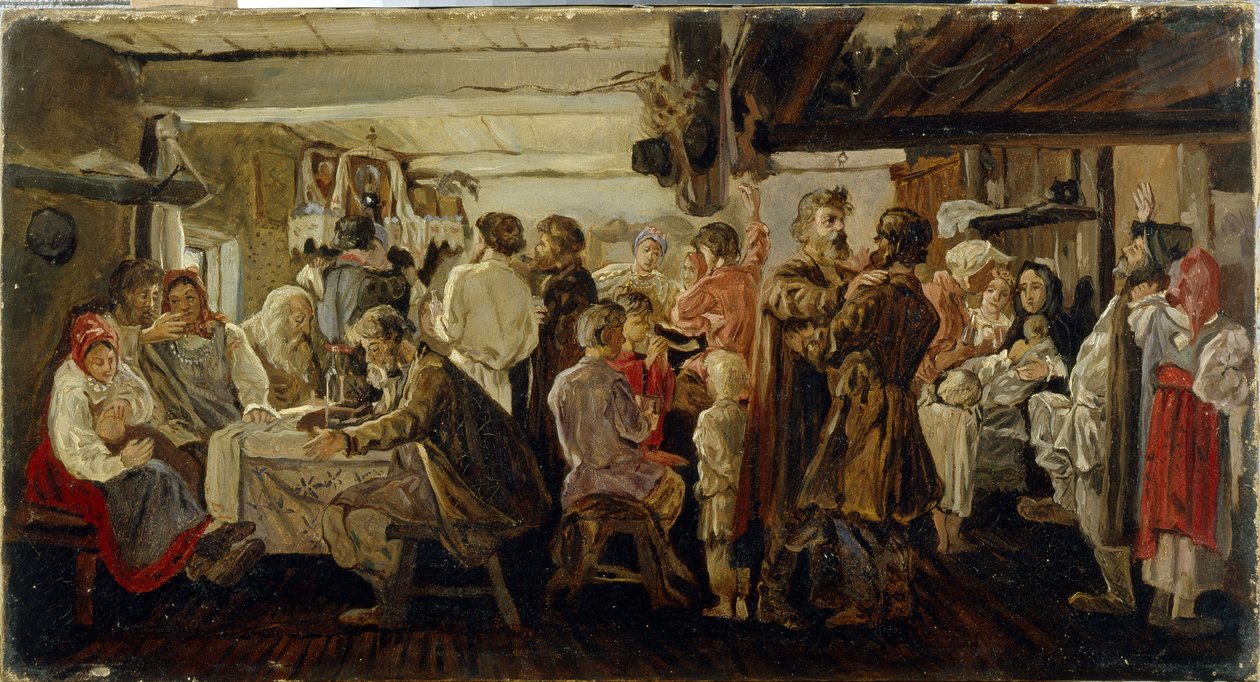 Parasztlakodalom a Tambov régióban (Oroszország). (Parasztlakodalom a Tambov-vidéken). Andrej Petrovics Rjabuskin (Riaboutchkine) (1861-1904) festménye, olaj, vászon, 1880 körül. 19. századi orosz művészet. Állami Tretyakov Galéria, Moszkva. alkotó: Andrei Petrovich Ryabushkin