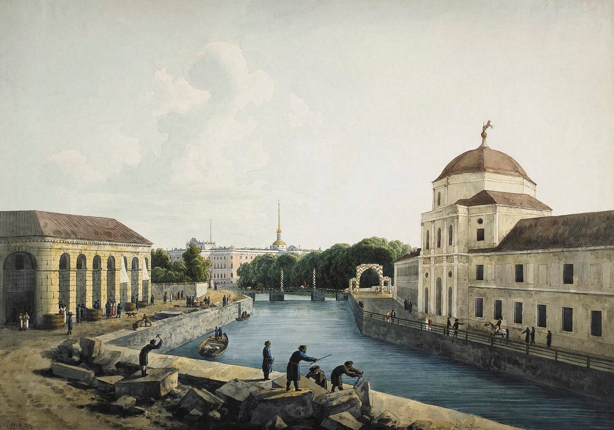 Kilátás a Moika folyóra a császári istállónál, Szentpétervár, Oroszország, 1809. alkotó: Andrej Martynoff