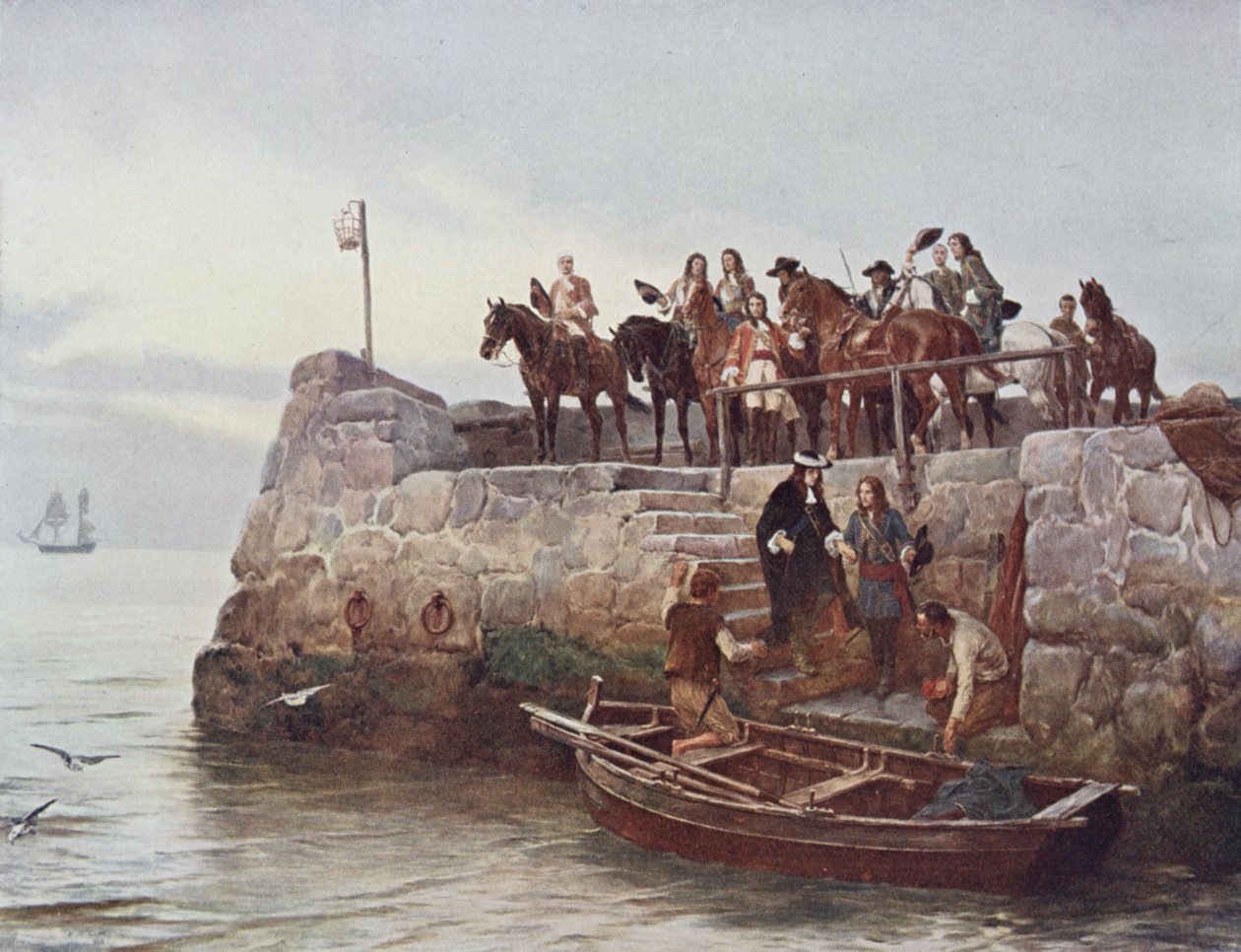 Elveszett ügy! II. Jakab repülése (1633-1701) az 1690-es boyne-i csata után, illusztráció a „British Battles on szárazföldön és tengeren” című könyvéből, szerkesztette Sir Evelyn Wood (1838-1919) 1915 alkotó: Andrew Carrick Gow