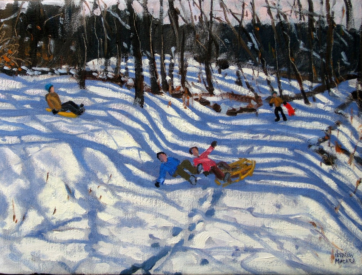 Két fiú leesik a szánkóról, Morzine alkotó: Andrew Macara