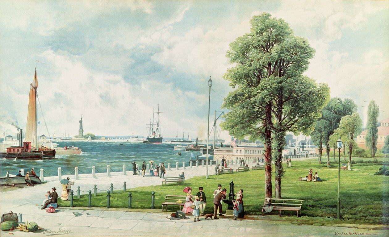 Kastélykert (kilátás a Battery Parkra a déli komptól a kastélykertig) 1886 körül (dombornyomott litho) alkotó: Andrew Melrose