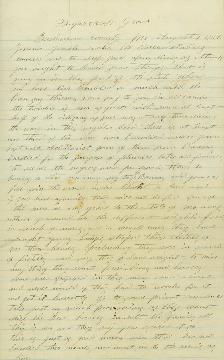 Levelet írt alá Andrew Brownlow, Buchanan County, Mo., Gamble kormányzónak [Hamilton R. Gamble], 1862. augusztus 1. alkotó: Andrew Brownlow