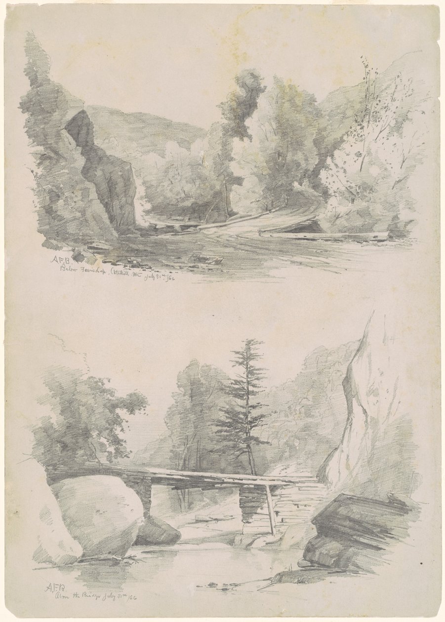 Fawn ugrása alatt, Catskill-hegység; és A híd felett alkotó: Andrew Fisher Bunner