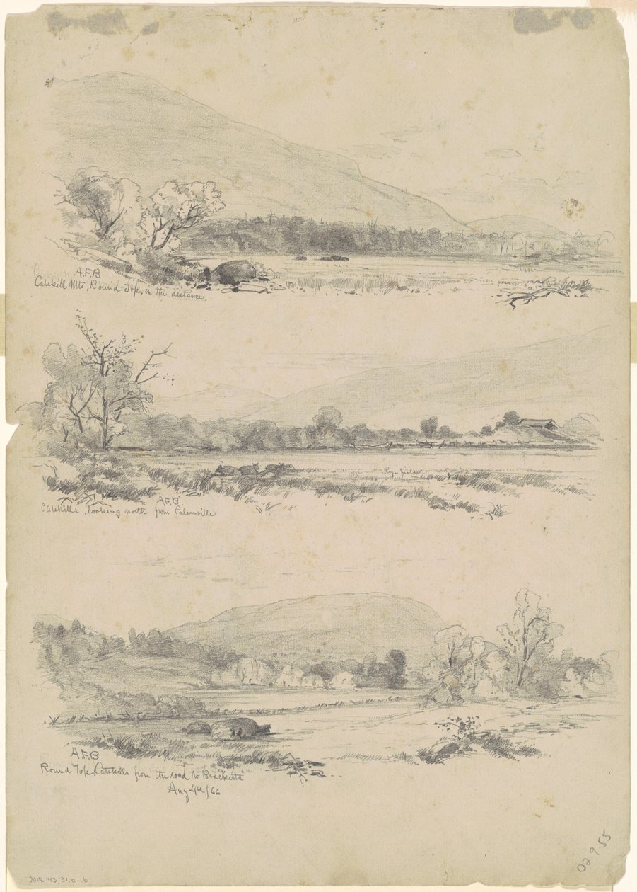 Catskill-hegység, Round-Top, a távolban; Catskills Északra néz Palenville-ből; és Round Top, Catskills, az úttól Brackettsig [verso] alkotó: Andrew Fisher Bunner