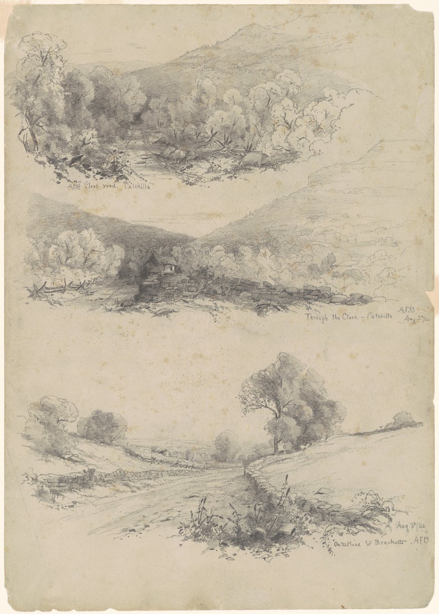 Clove Road, Catskills; A szegfűszegen keresztül – Catskills; és On the Road to Bracketts [recto] alkotó: Andrew Fisher Bunner