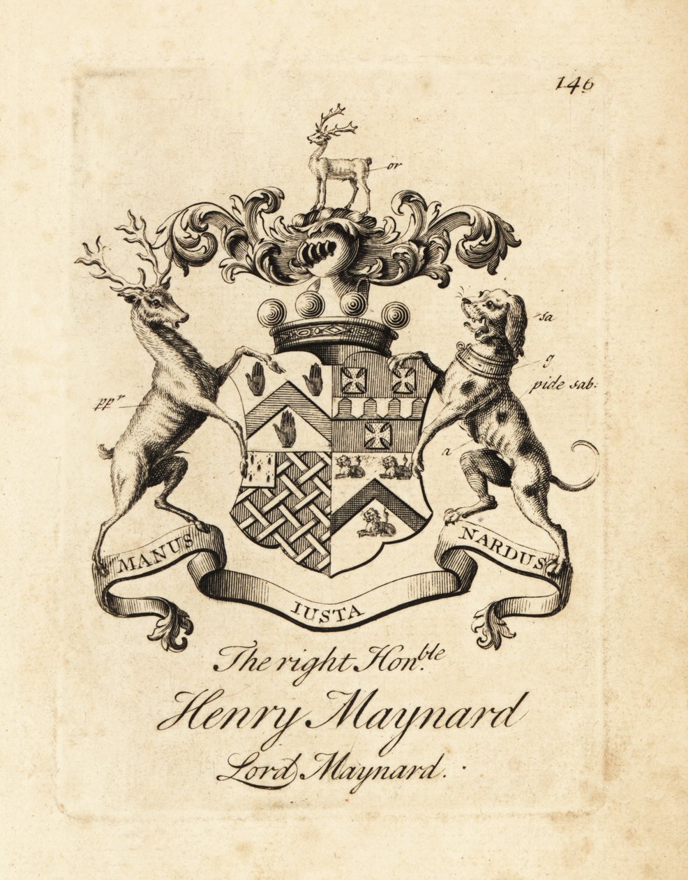 A jobboldal címere, tisztelt Henry Maynard, Lord Maynard, Maynard 4. báró, meghalt 1742-ben alkotó: Andrew Johnston