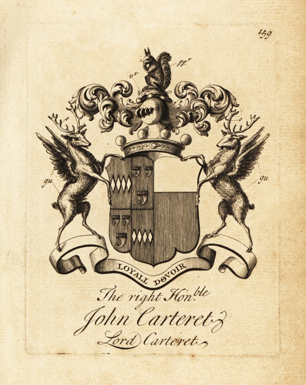John Carteret jobboldal címere, Lord Carteret, Granville 2. grófja, Sark 7. seigneurja alkotó: Andrew Johnston