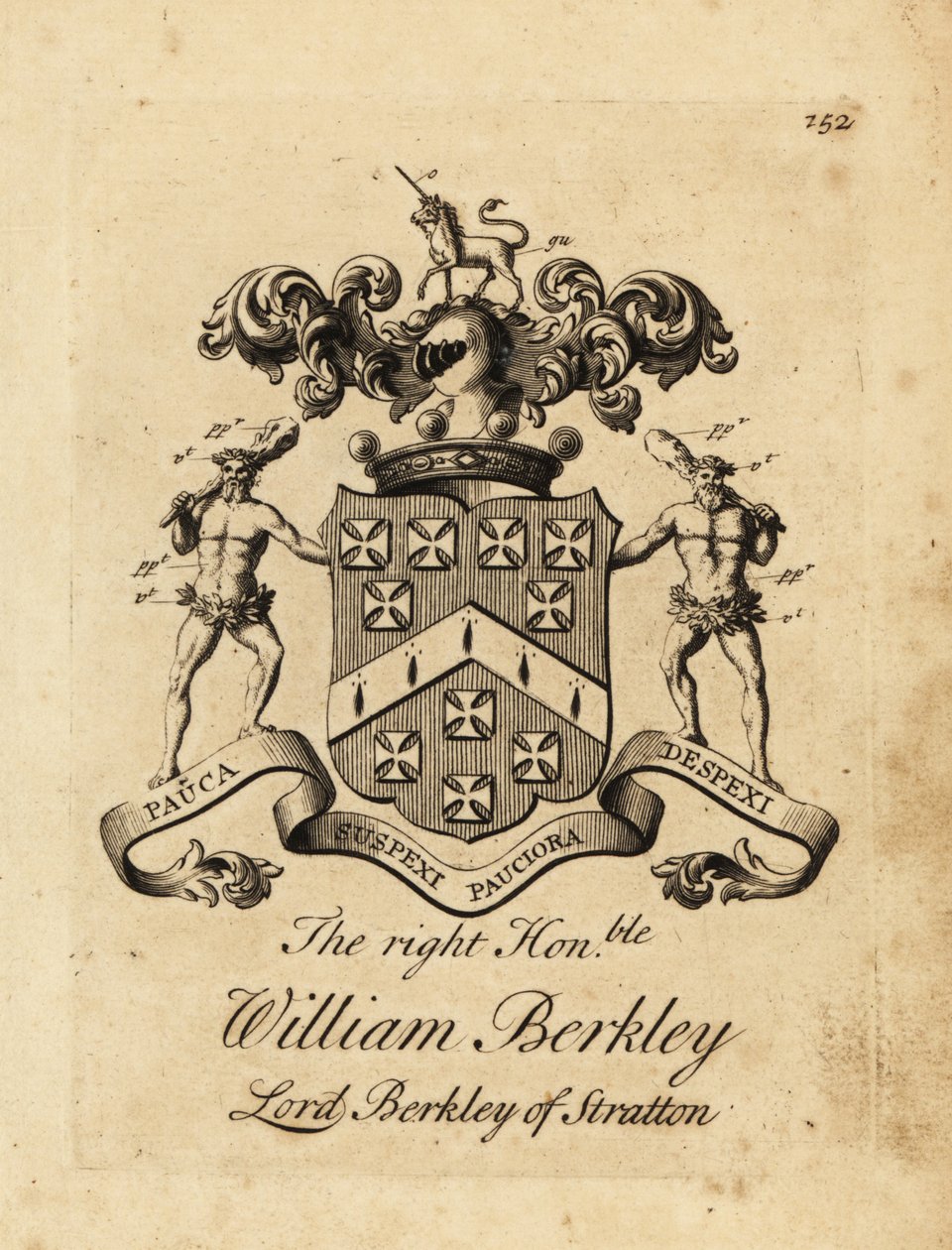 A jobboldal címere, tisztelt William Berkley, Lord Berkley Stratton, Berkeley 4. báró Stratton, meghalt 1741-ben alkotó: Andrew Johnston