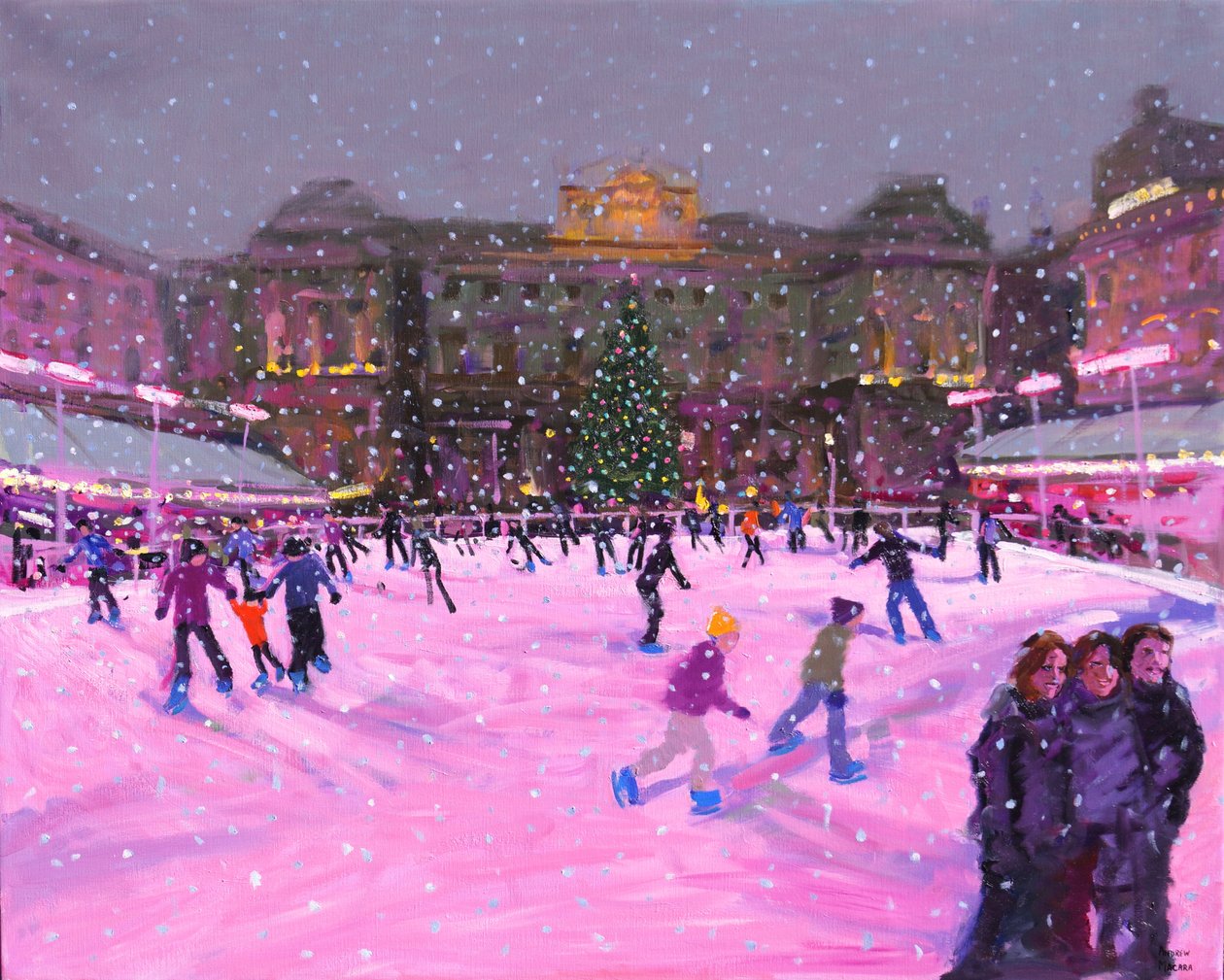 Karácsonyi korcsolya, Somerset House rózsaszín fényekkel, 2014 (olaj, vászon) (frissített kép) alkotó: Andrew Macara