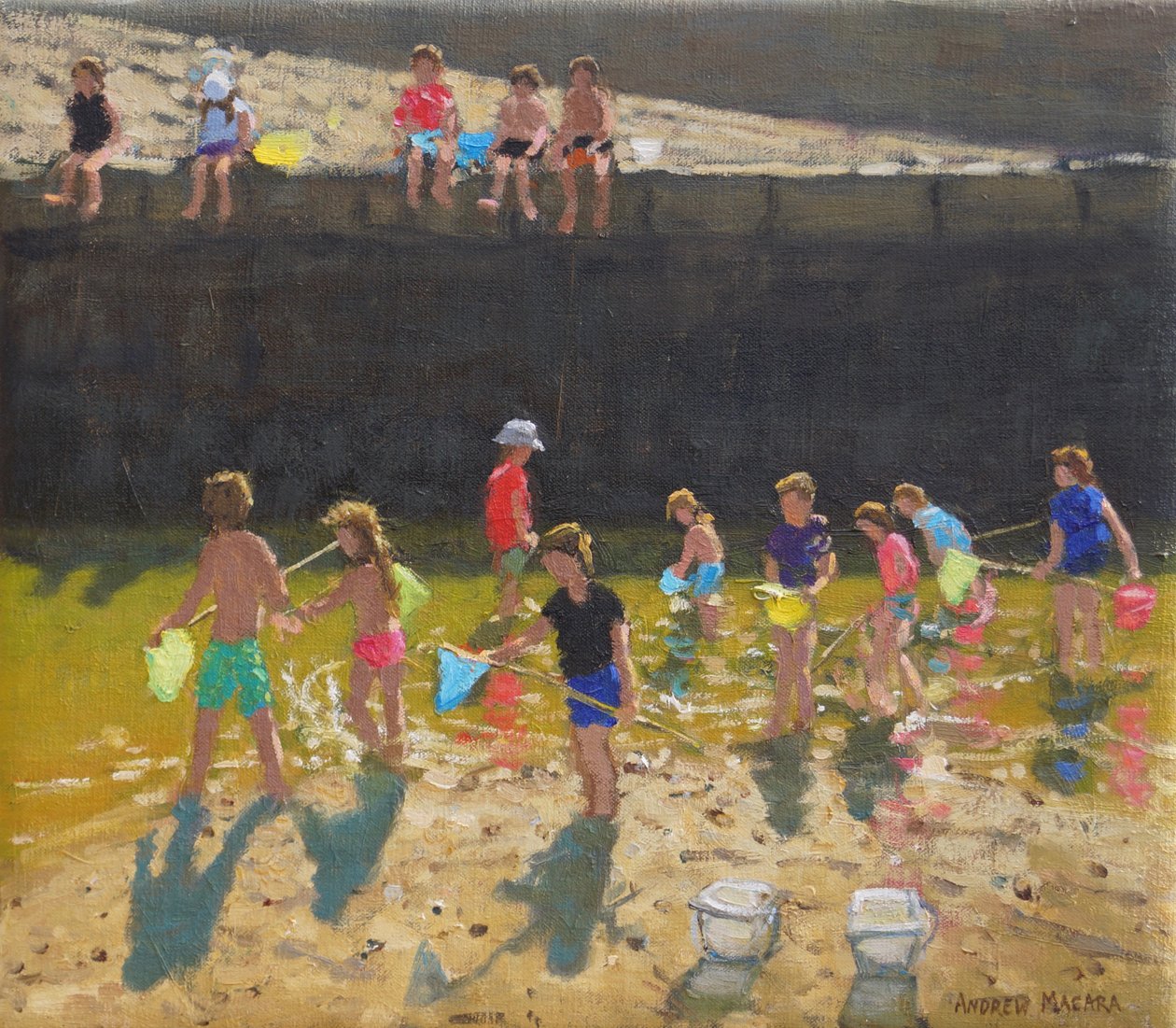 Crabbing in the Harbour, Bude, Cornwall, 2018, (olaj, vászon) alkotó: Andrew Macara