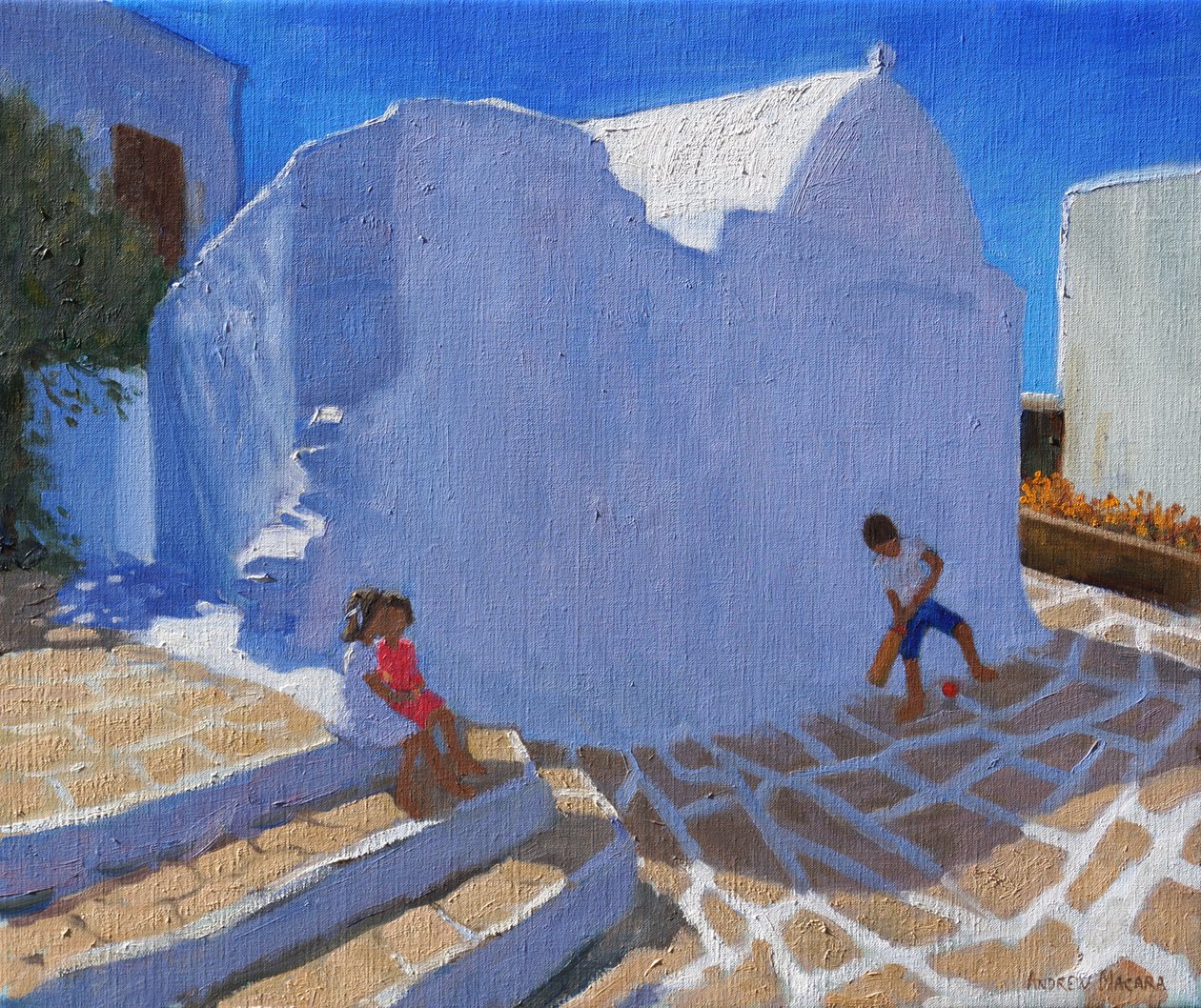 Tücsök a templom falánál, Mykonos (olaj, vászon) alkotó: Andrew Macara