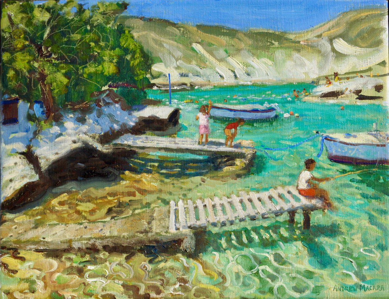Horgászat a mólóról, Milos, Görögország, 2018-2019 (olaj, vászon) alkotó: Andrew Macara