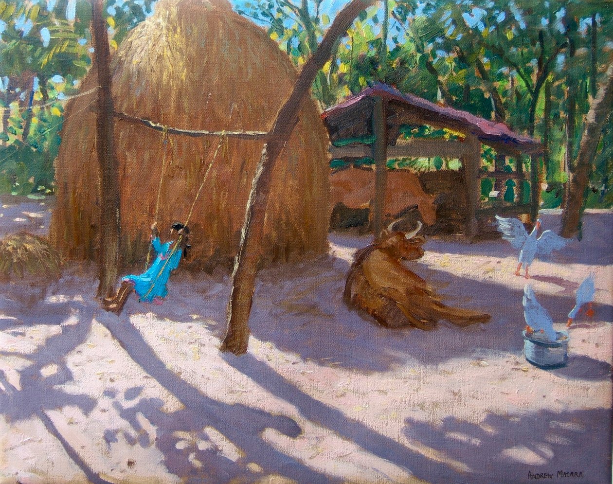 Szénaboglya és lány egy hintán, Kerala (olaj, vászon) alkotó: Andrew Macara
