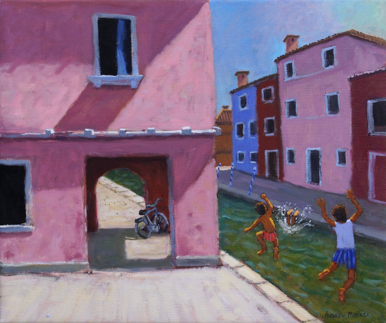 Ugrás a csatornába, Murano, Velence, 2021 (olaj, vászon) alkotó: Andrew Macara