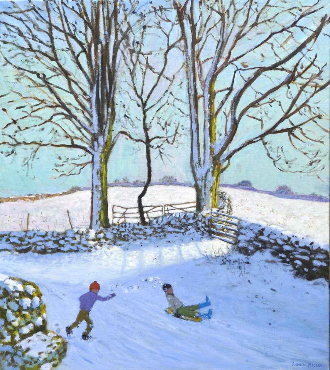 Nagy fák és szánkósok, Derbyshire, 2023 (olaj, vászon) alkotó: Andrew Macara