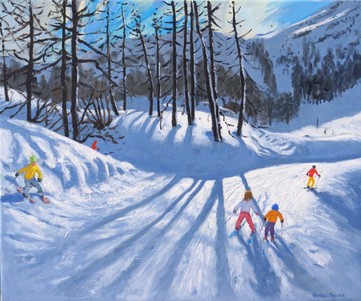 Hosszú fa árnyékai és síelők, Tignes, 2016-2019, (olaj, vászon) alkotó: Andrew Macara