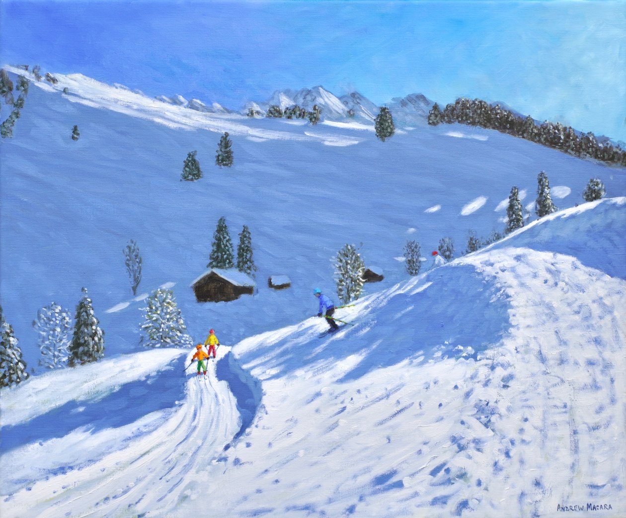 Reggeli síelés, La Clusaz, Franciaország, 2018 (olaj, vászon) alkotó: Andrew Macara