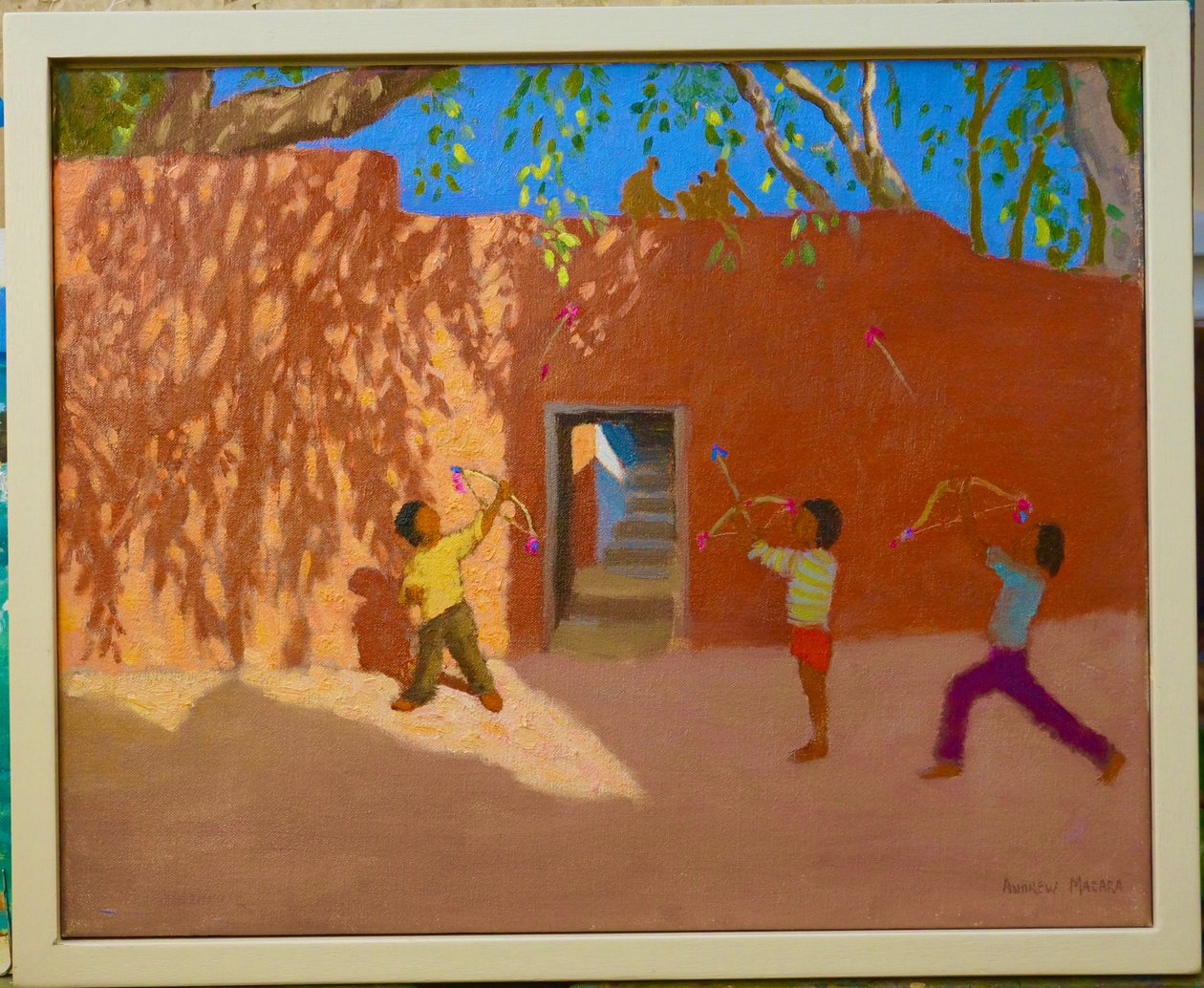 Játék íjakkal és nyíllal, India, 2005 (olaj, vászon) alkotó: Andrew Macara