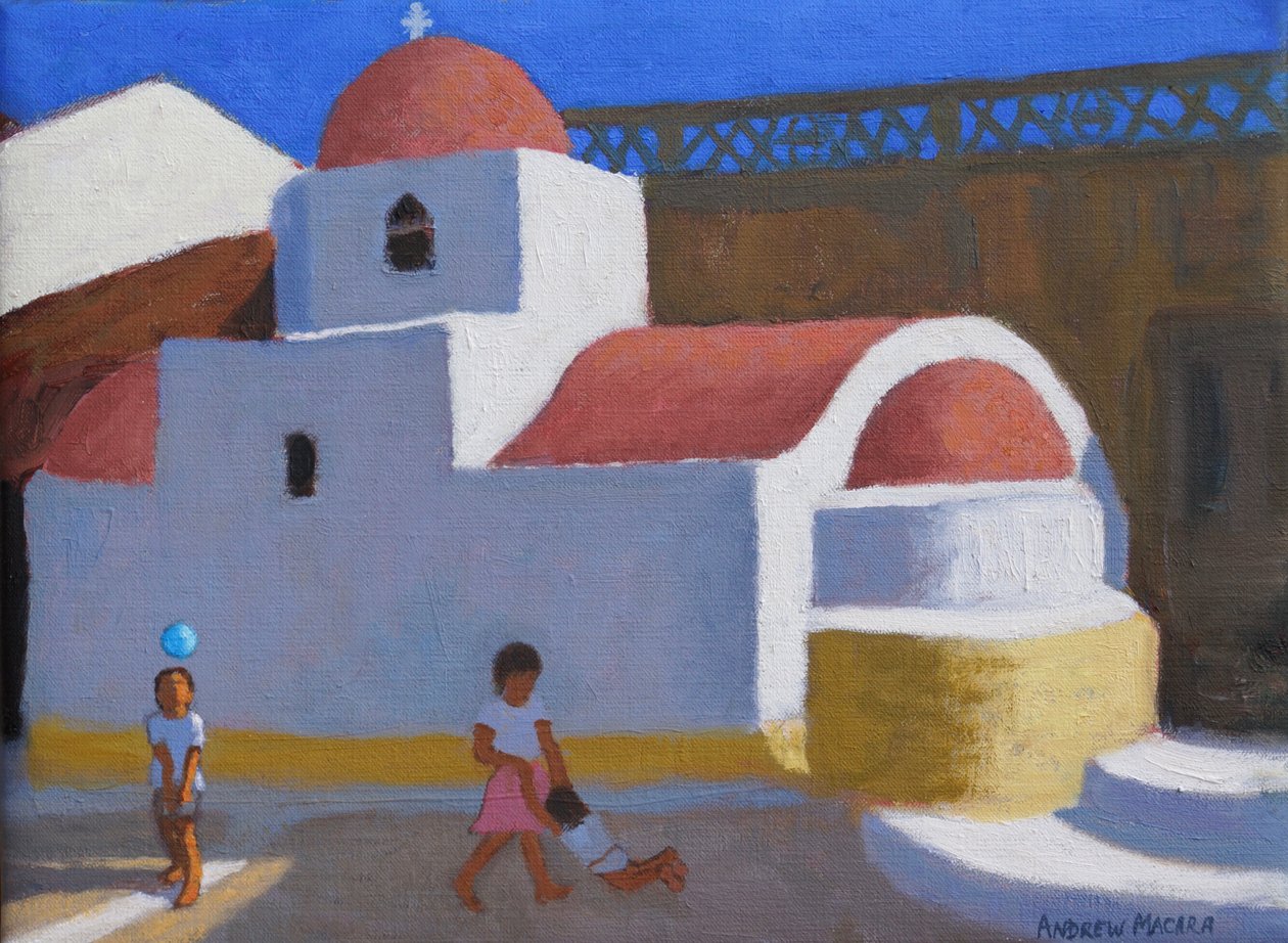 Játssz a templom mellett, Karpathos, Görög szigetek (olaj, vászon) alkotó: Andrew Macara