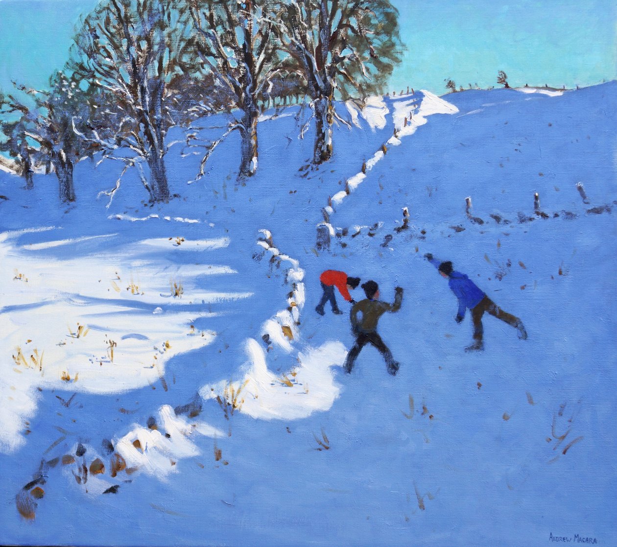 Játék a hóban Youlgrave, Derbyshire, 2016, (olaj, vászon) alkotó: Andrew Macara