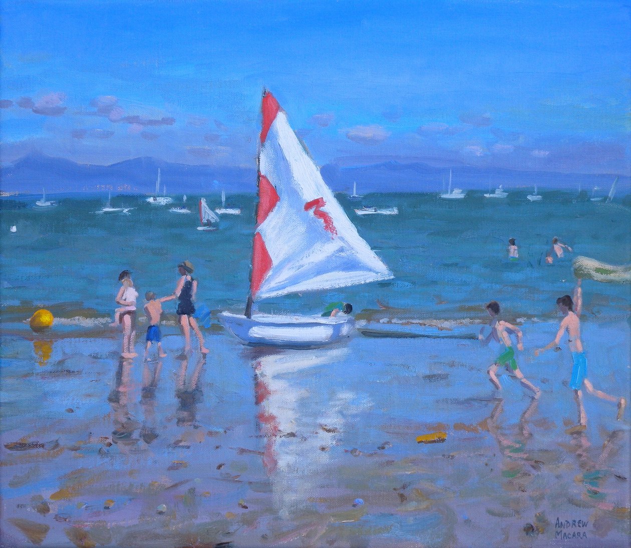 Piros és fehér vitorlás ,Abersoch (olaj, vászon) alkotó: Andrew Macara