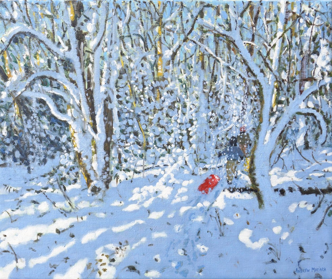 Piros szánkó, Allestree Park, Derby, 2022 (olaj, vászon) alkotó: Andrew Macara