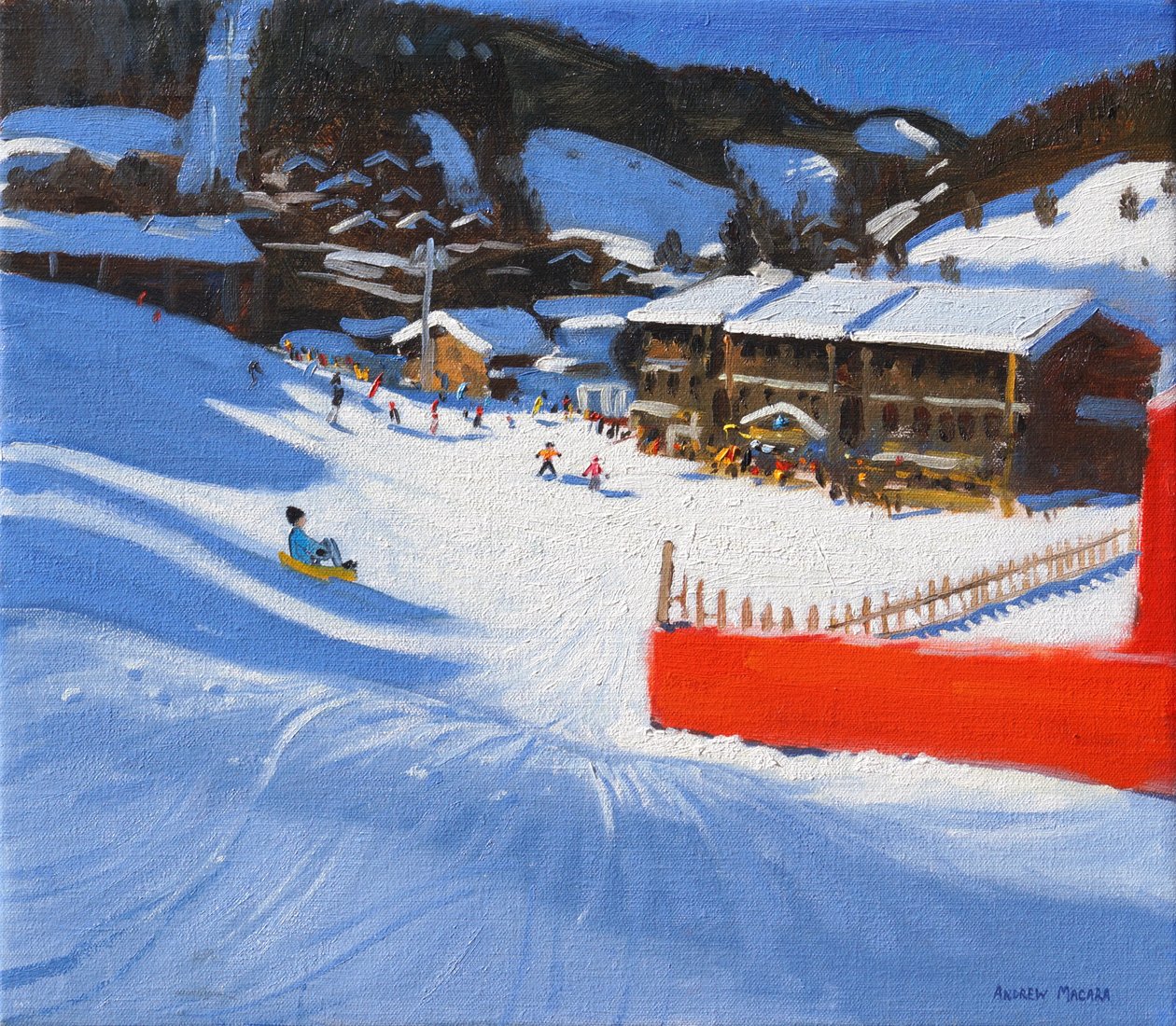 Síelés; La Clusaz, Franciaország, (olaj, vászon) alkotó: Andrew Macara