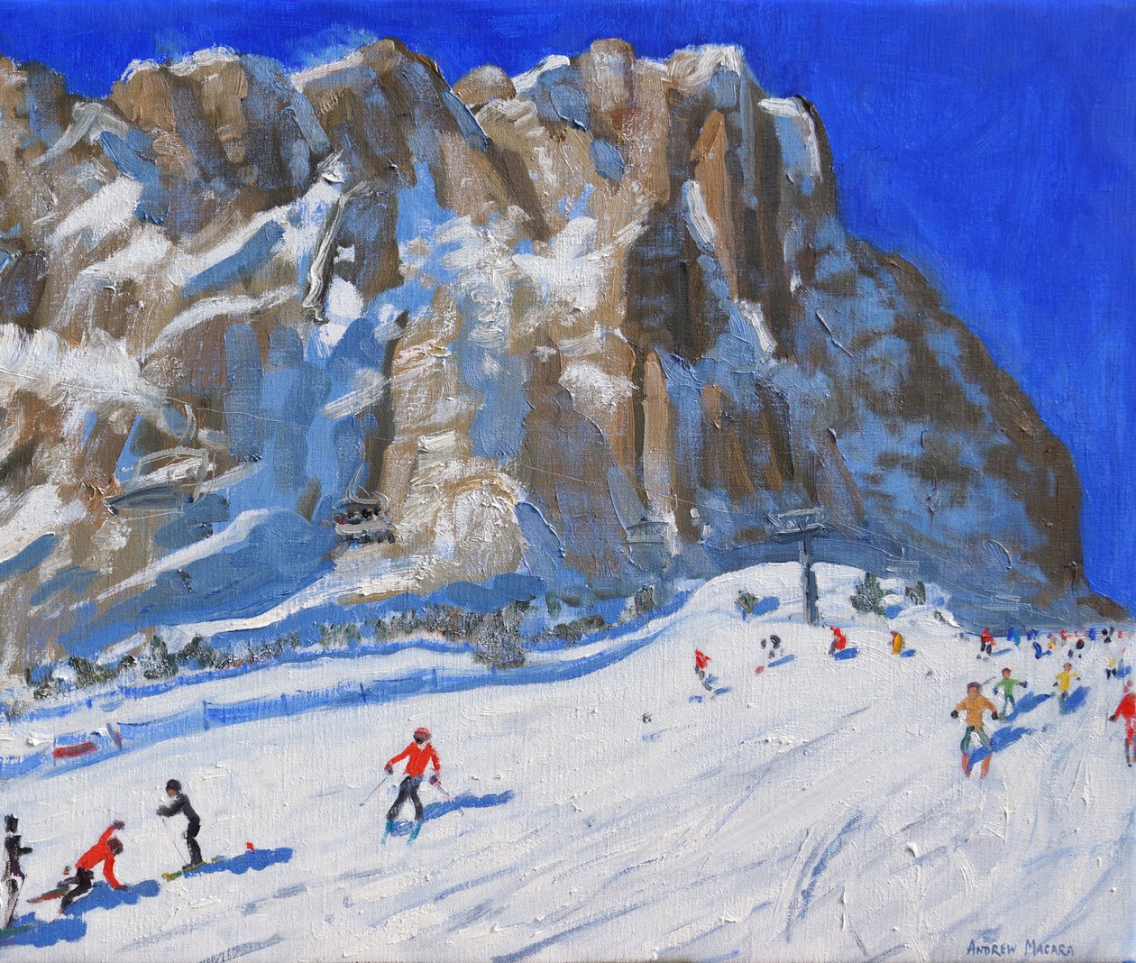 Síelés a hegyről, Selva Gardena, (olaj, vászon) alkotó: Andrew Macara