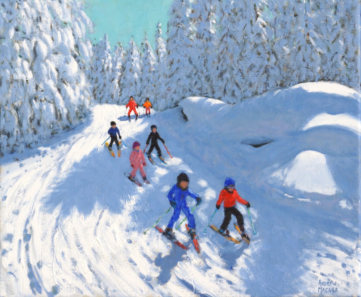 Síelés az ösvényen, Courchevel, 2018, (olaj, vászon) alkotó: Andrew Macara