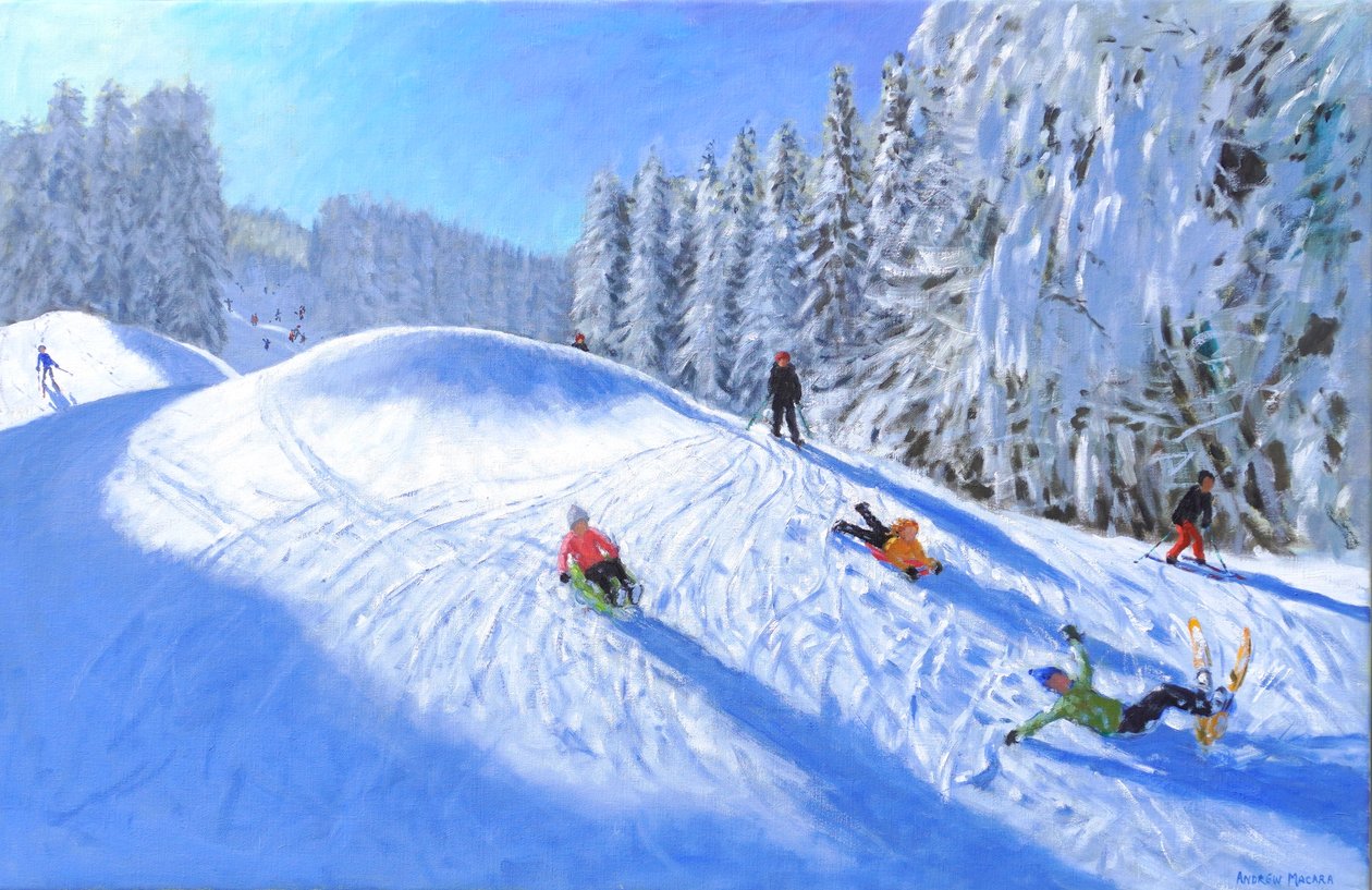 Síelés Morzine-ban, Franciaország, 2023 (olaj, vászon) alkotó: Andrew Macara