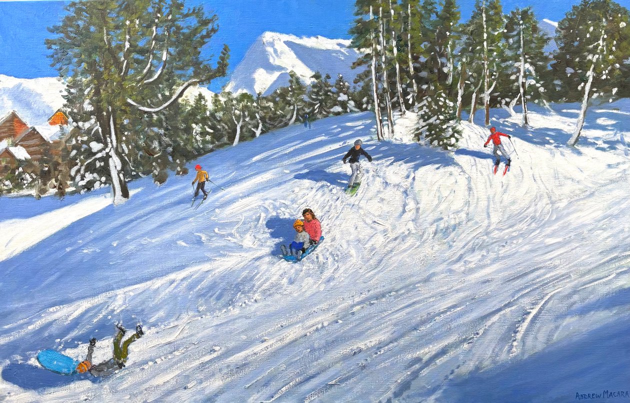 Szánkózás és síelés, Les Arcs, Franciaország, 2023 (olaj, vászon) alkotó: Andrew Macara
