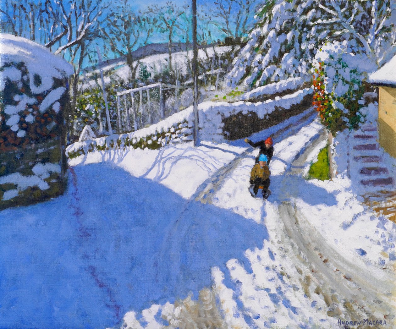 Szánkózás Wirksworthben, Derbyshire, 2024 ( olaj, vászon) alkotó: Andrew Macara