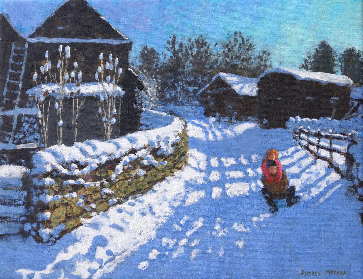 Szánkózás, a Wintercroft Lane közelében, Dovedale és Thorpe közelében. Ashbourne, 2021 (olaj, vászon) alkotó: Andrew Macara